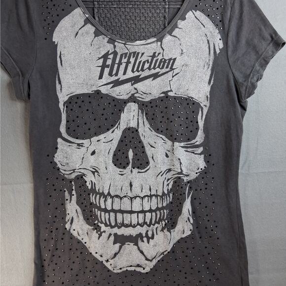 Affliction Skull T-Shirt Women's Large Gray Short Sleeves Studded Lace Cotton - Picture 1 of 11